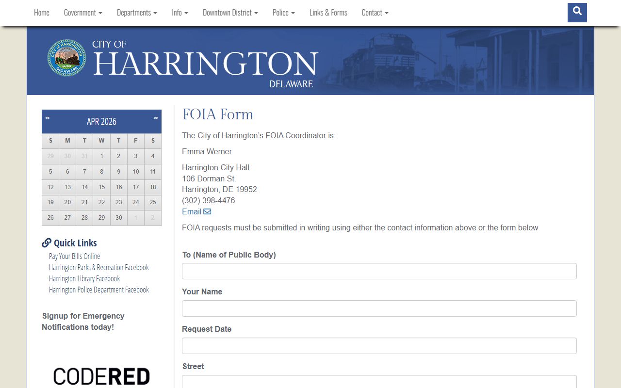 Harrington City Clerk FOIA request process for divorce related records