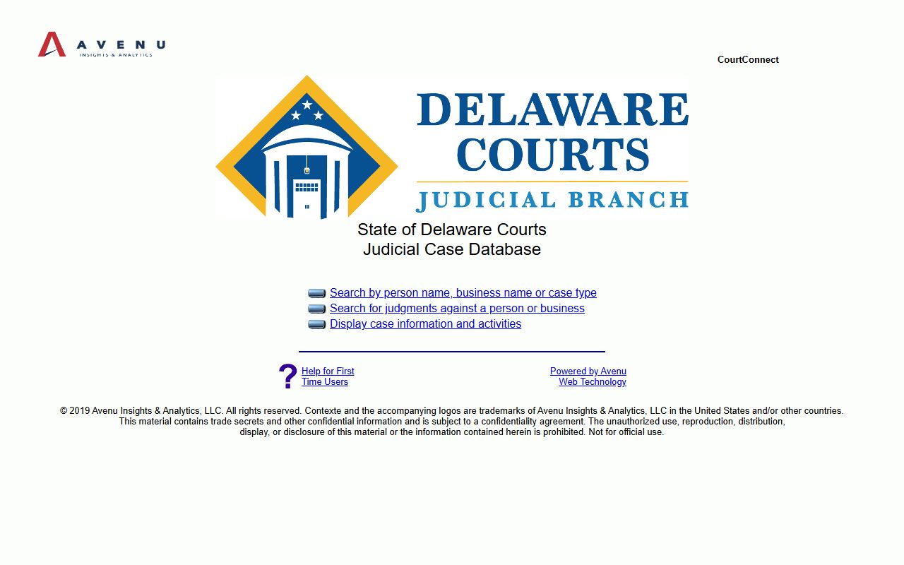 CourtConnect online system for Delaware divorce records search