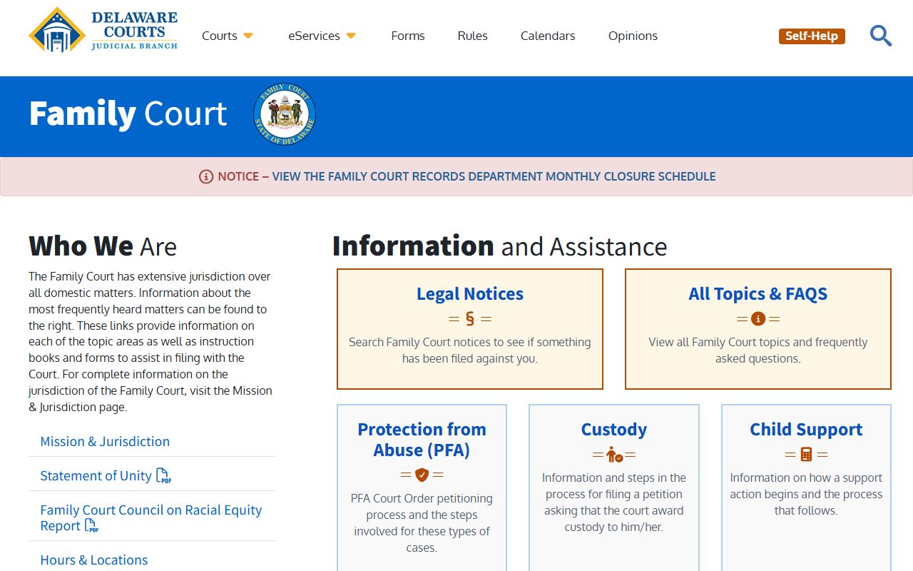 Delaware Family Court system website for divorce records