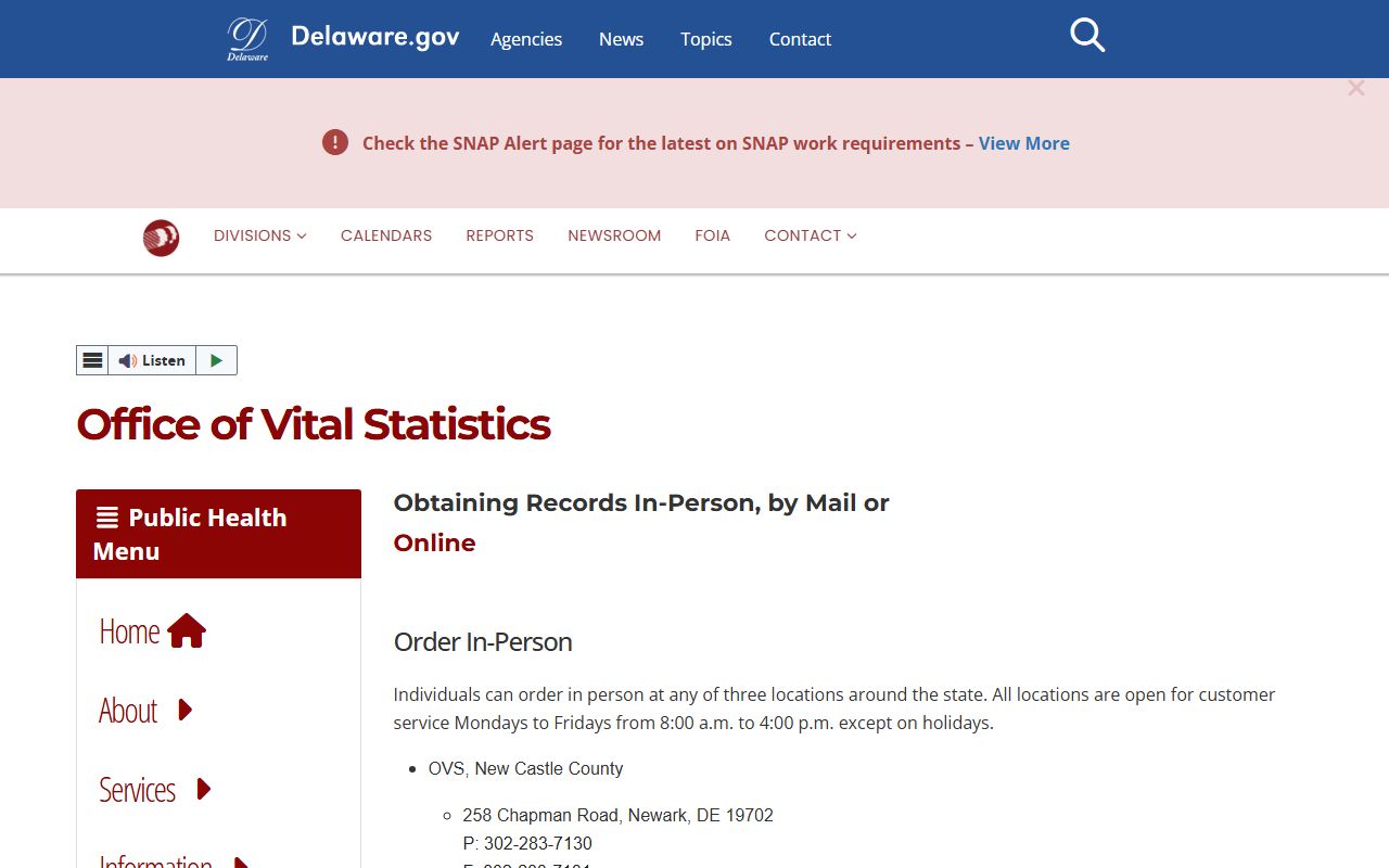 Delaware DHSS Vital Statistics page for divorce verification